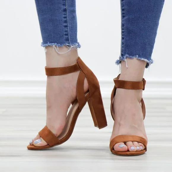 Faux Suede Open Toe Block High Heel Sandals - Picture 11 of 12